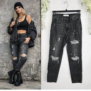 KanCan Black Distressed Straight Jeans Crop Size 1/24 Grunge Y2K Stretch Denim